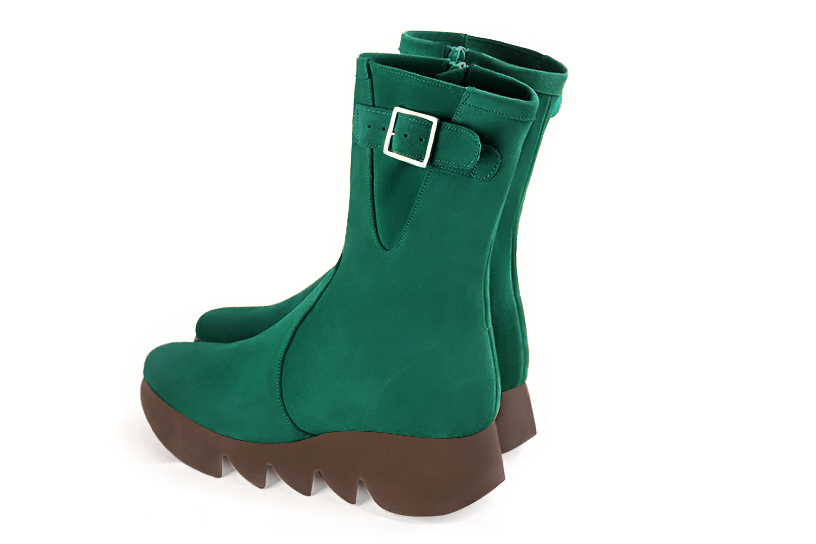 Emerald green women's ankle boots with a zip on the inside. Round toe. Low rubber soles. Rear view - Florence KOOIJMAN